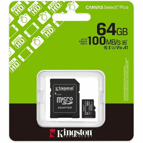 Kingston Technology 64GB microSDXC Canvas Select Plus Gen3 100MB/s A1 (Adaptateur SD inclus)